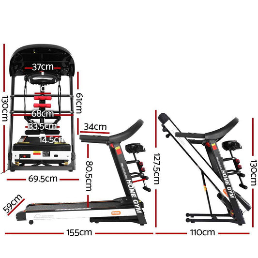 Home gym equipment with dimensions labeled on a white background