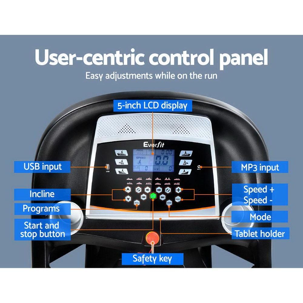 Treadmill control panel with labeled features on a blue background