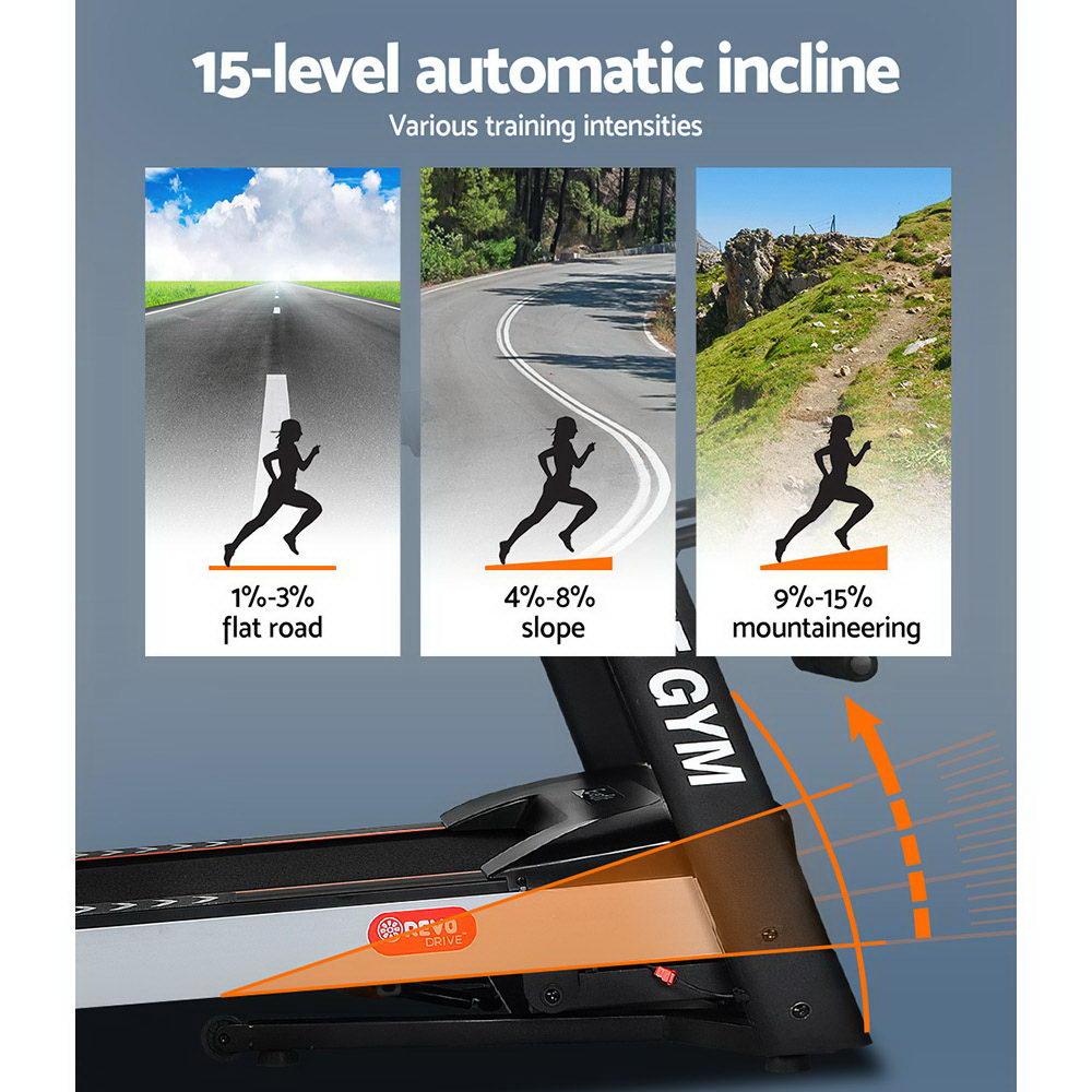 Treadmill with 15-level automatic incline feature and images of a person running on different inclines.