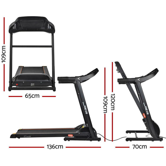 Treadmill with dimensions marked on a white background