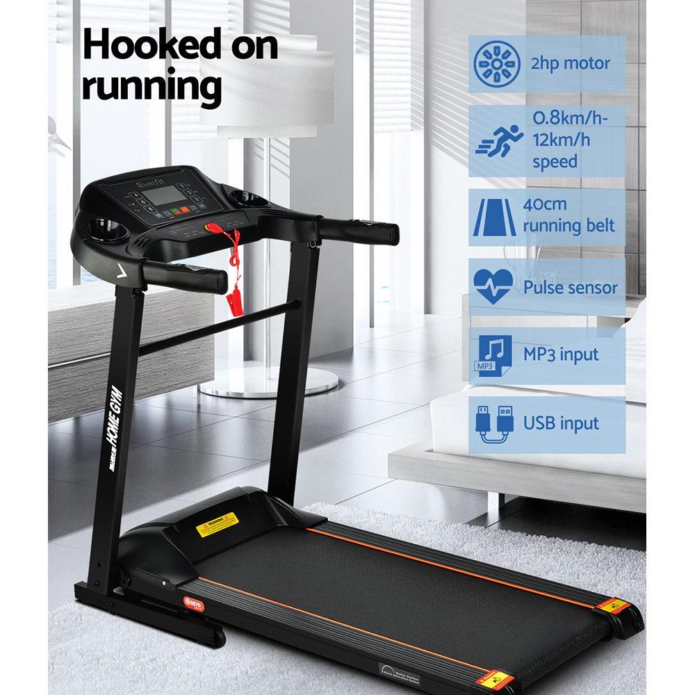 Treadmill with features listed on a white background