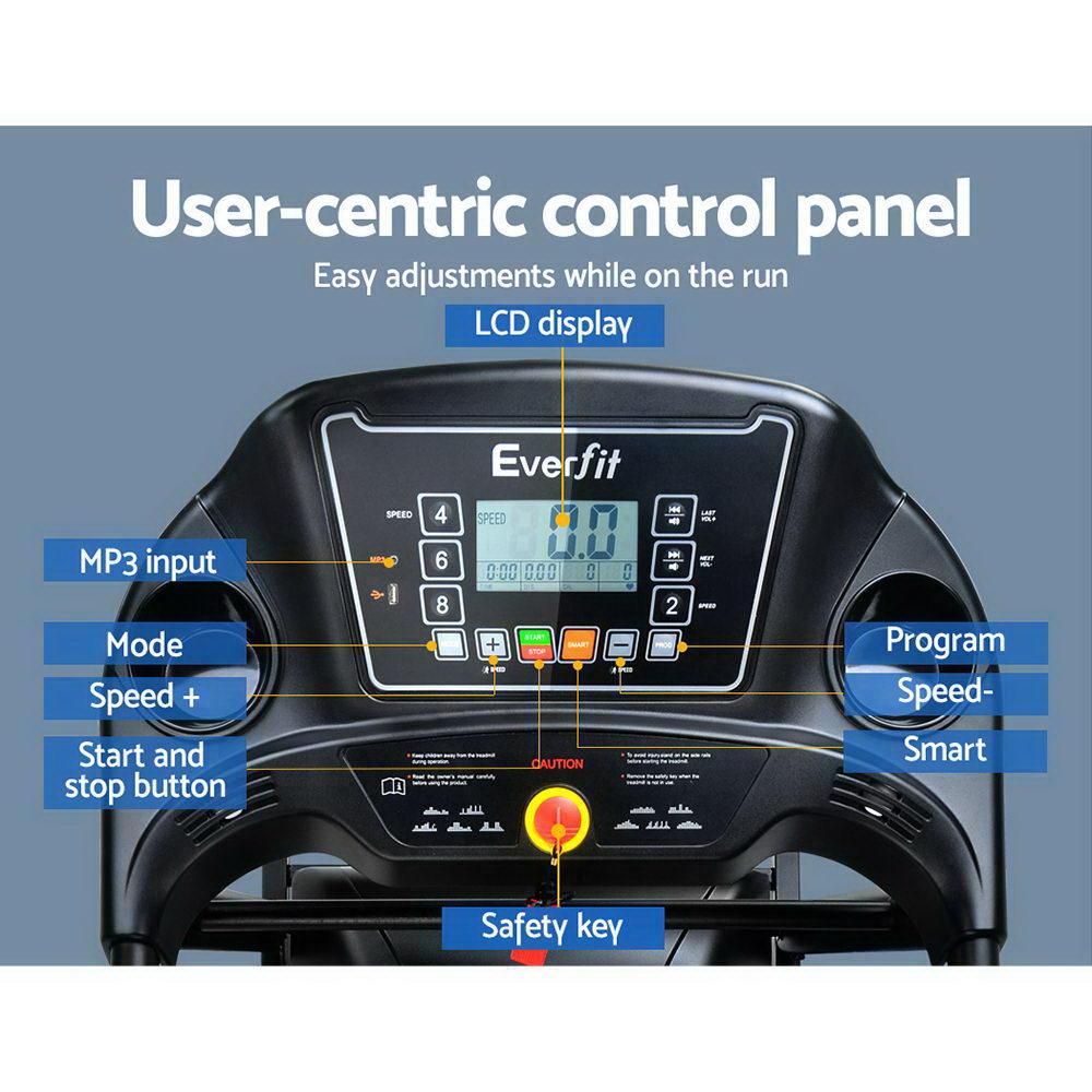 Everfit treadmill control panel with labeled features on a blue background