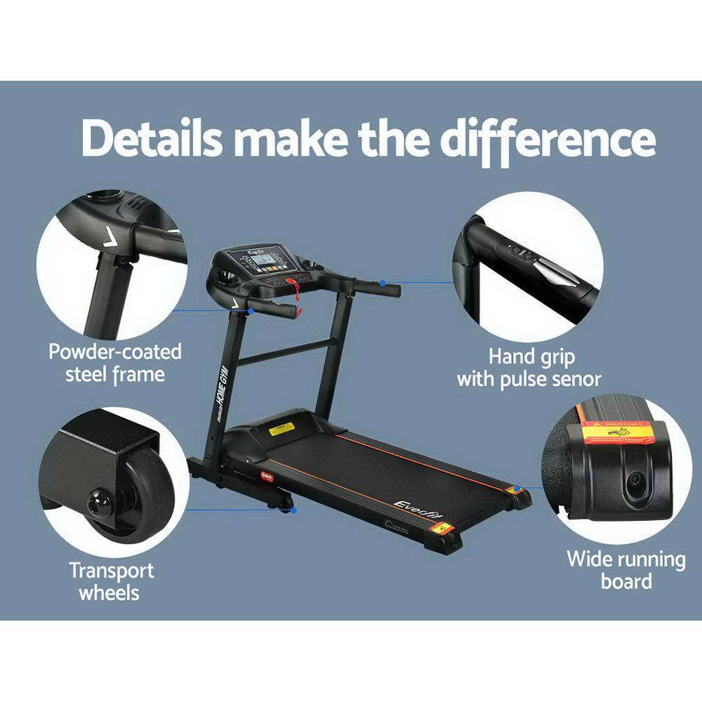 Treadmill with highlighted features on a blue background