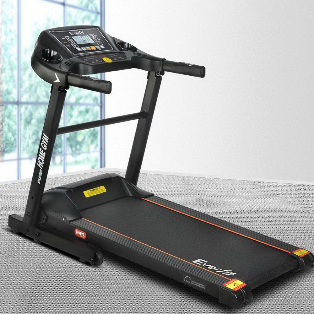 Black treadmill with Everfit branding on a gray floor.