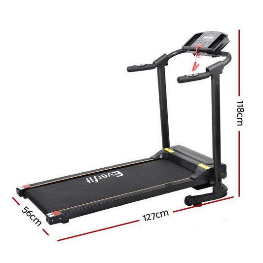 Portable treadmill with dimensions indicated on a white background