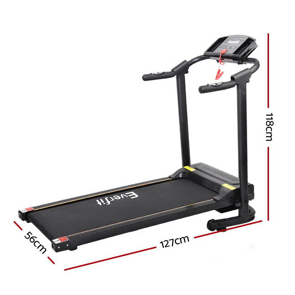 Portable treadmill with dimensions indicated on a white background
