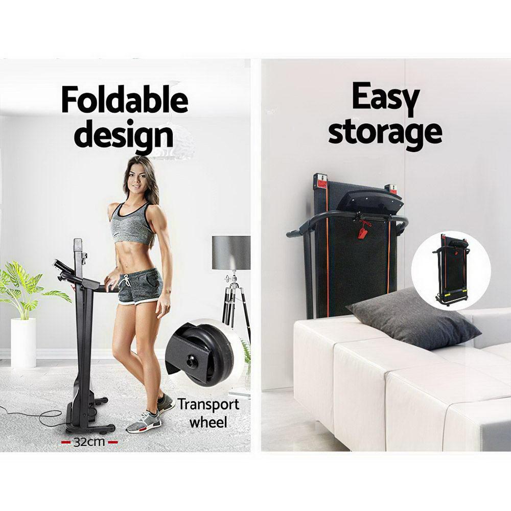 Treadmill with foldable design and easy storage features, shown in a living room setting.