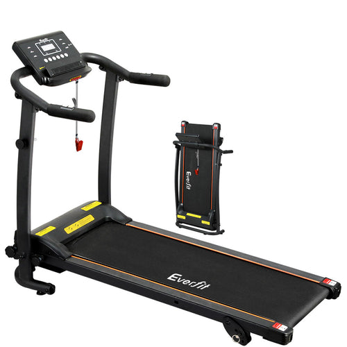 Black Everfit treadmill with handlebars and a small attached treadmill on a white background