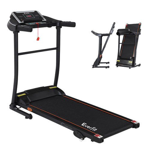 Black treadmill with Everfit branding on a white background