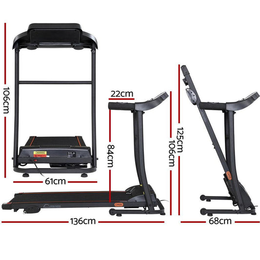 Foldable treadmill with dimensions labeled on a white background