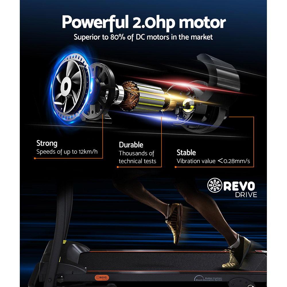 Revo Drive treadmill with a powerful 2.0hp motor and technical specifications on a dark background.