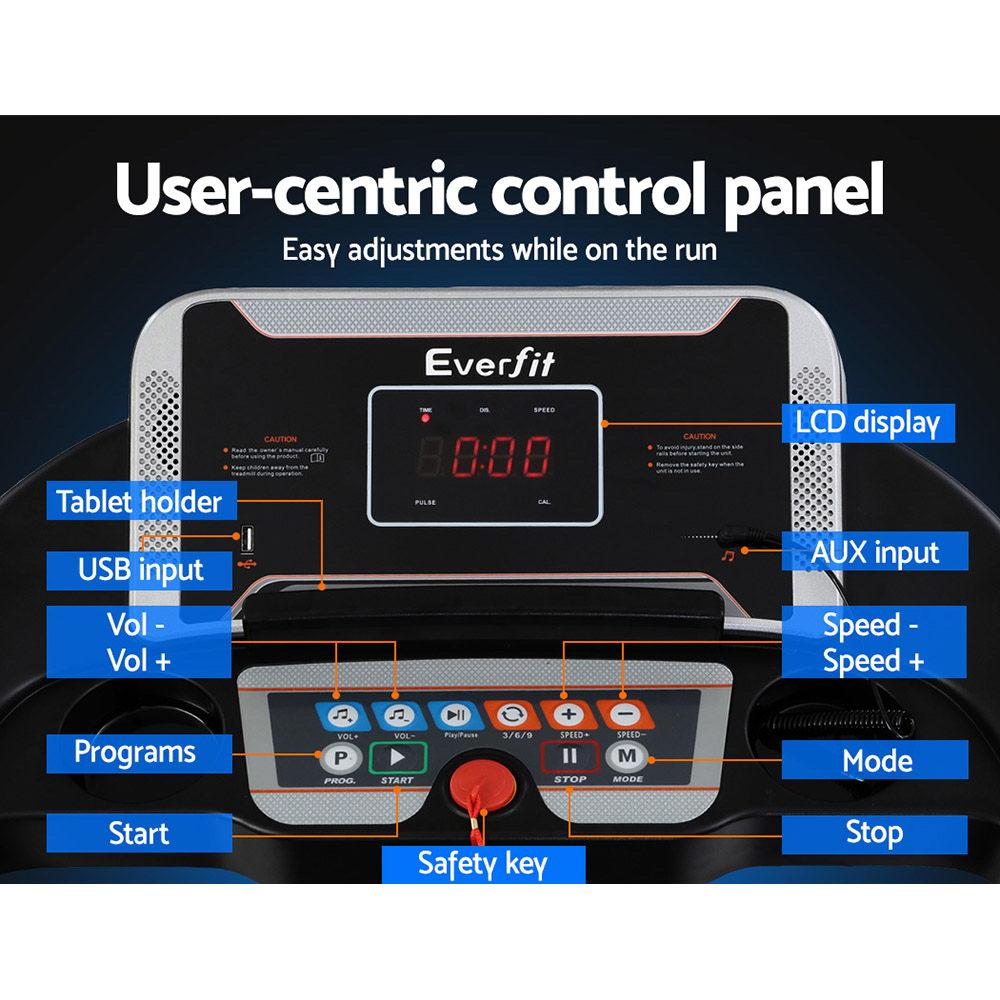Everfit treadmill control panel with labeled features on a black background