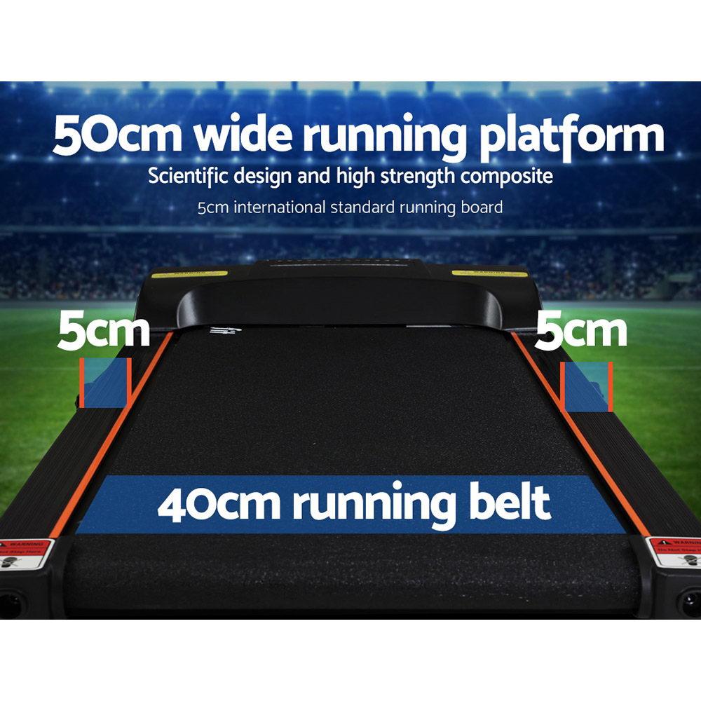Treadmill with highlighted features like running platform width and belt size on a stadium background.