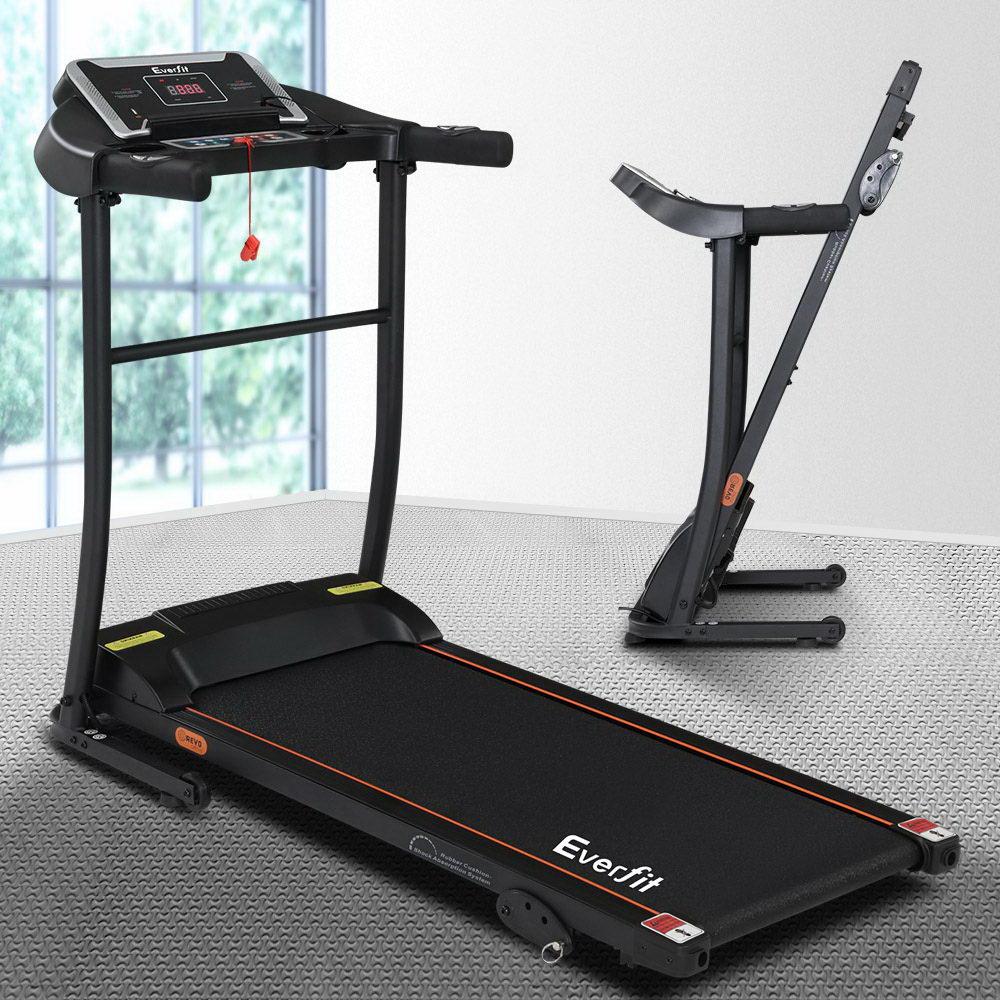 Black Everfit treadmill with an attached platform on a gray floor.