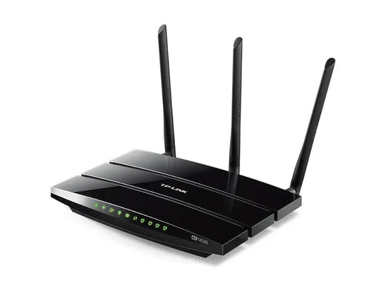 Black router with multiple antennas on a white background. Best computer parts and accessories online shop Axis-Dynamics 