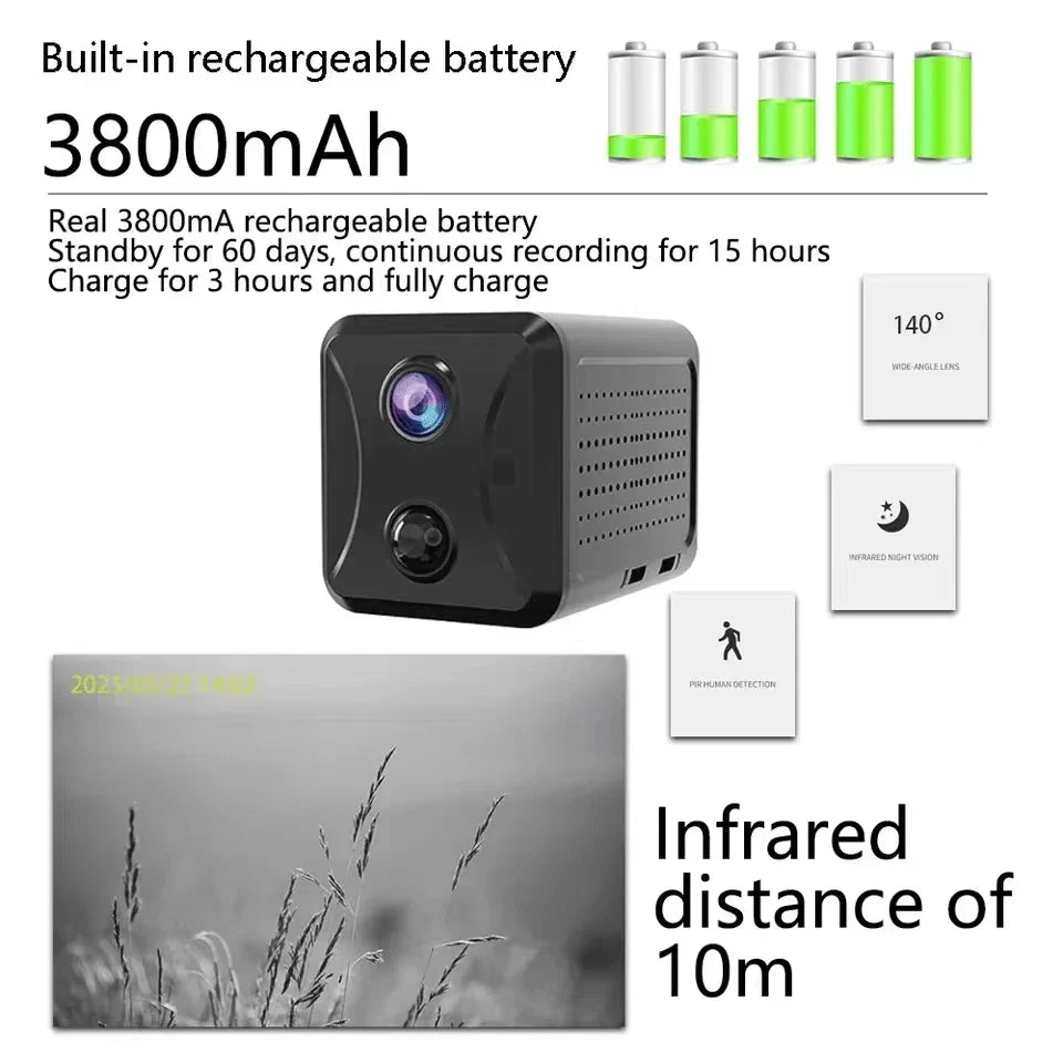 Camera with battery information and features on a white background