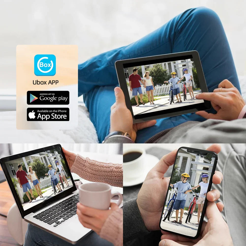 Collage of a person using a tablet, smartphone, and laptop with Ubox app on screens.