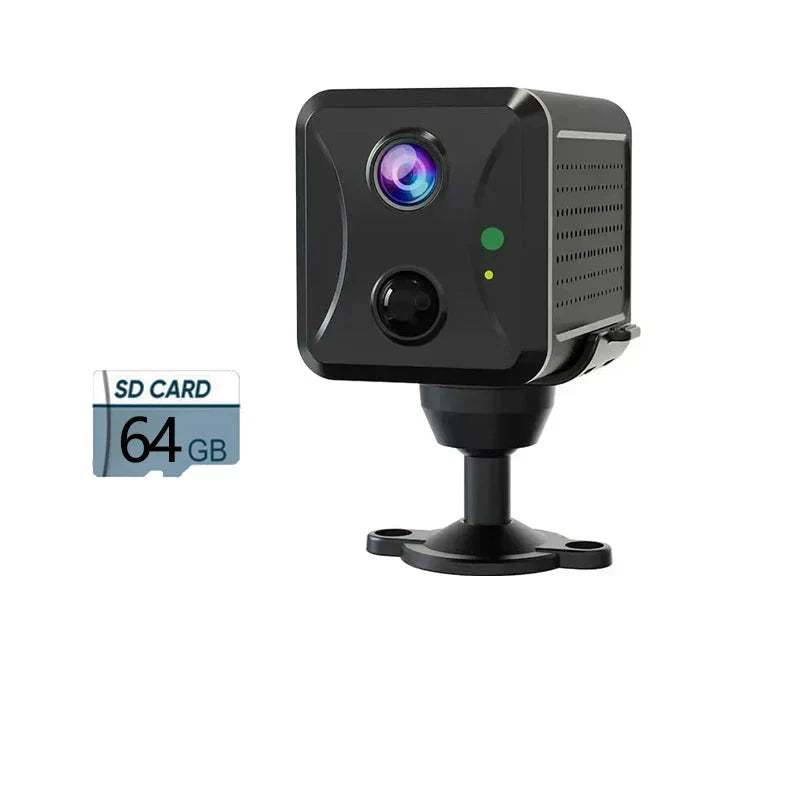 Black security camera with a 64GB SD card on a white background