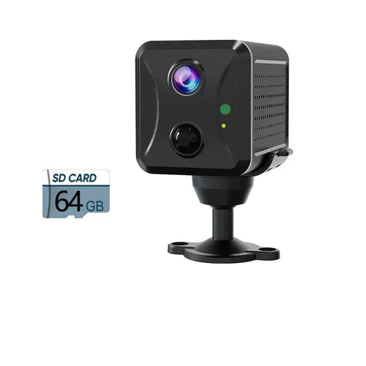 Black security camera with a 64GB SD card on a white background