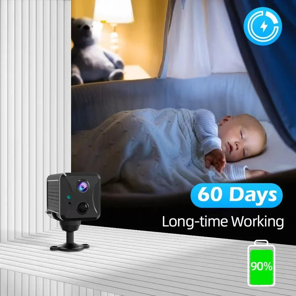 Baby monitor with a baby sleeping in a crib, showing 60 days of long-time working and 90% battery life on screen.