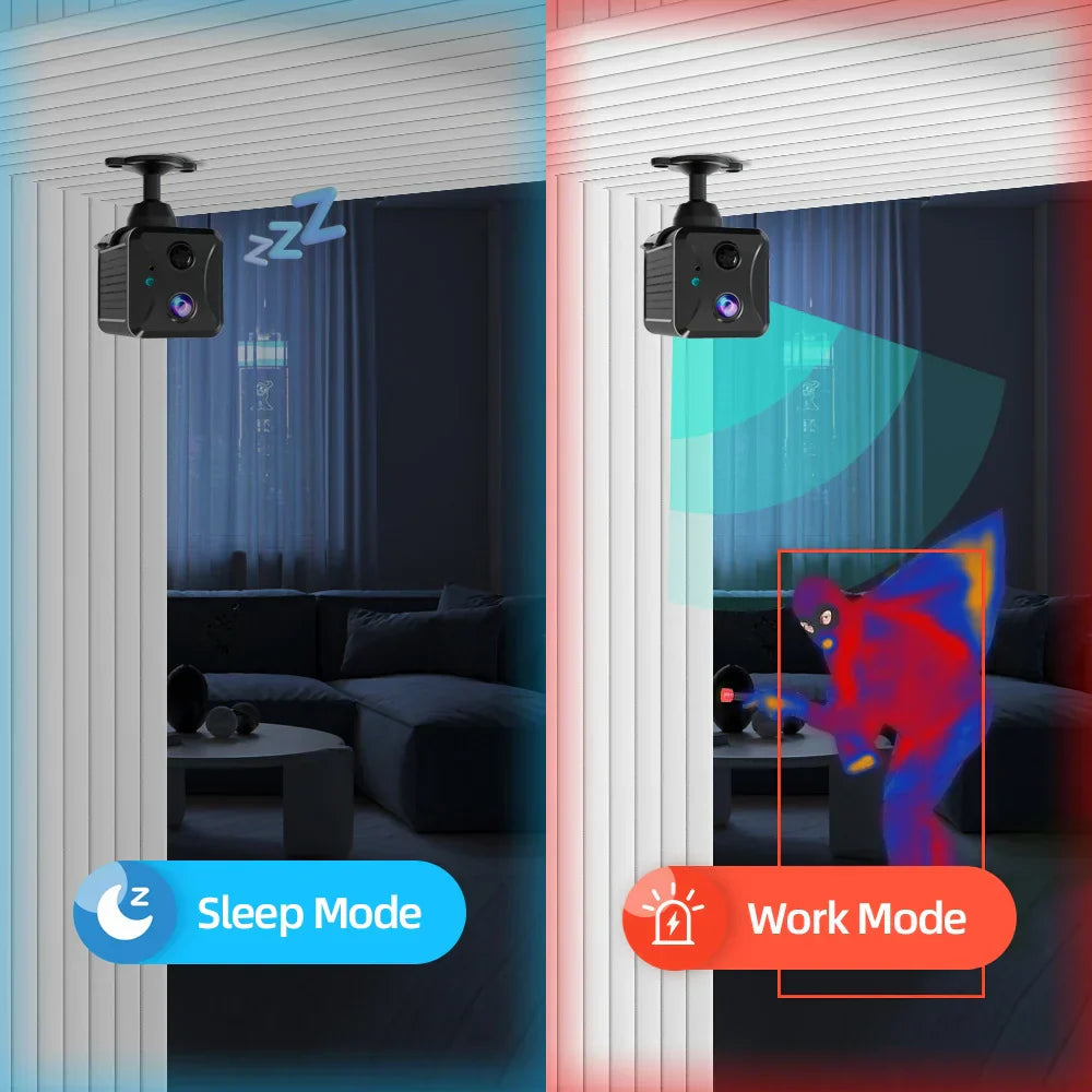 Smart home device showing sleep mode and work mode on a screen.