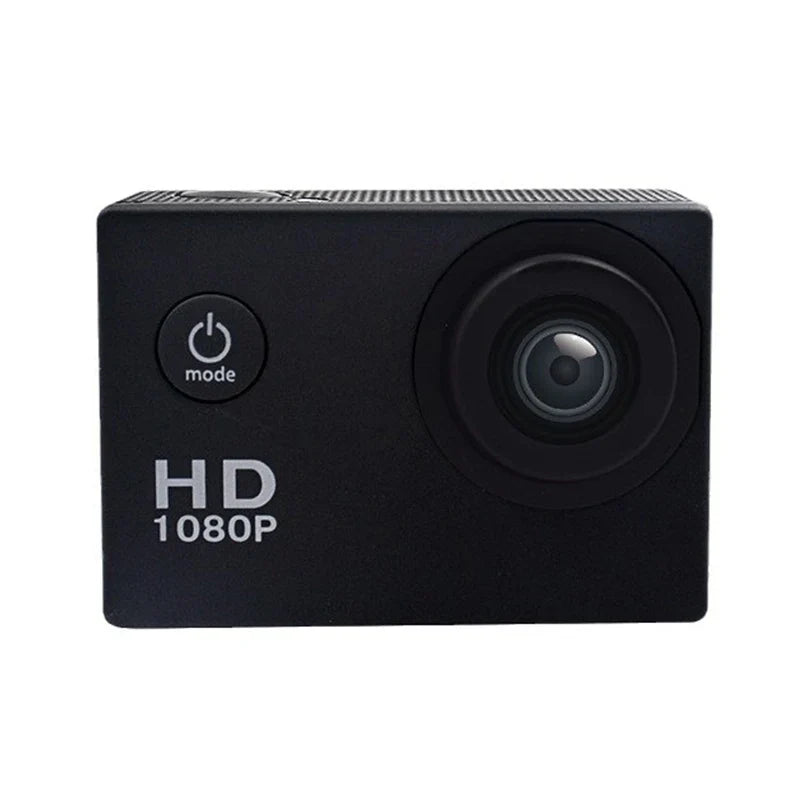 Black action camera with 1080P HD label on a white background