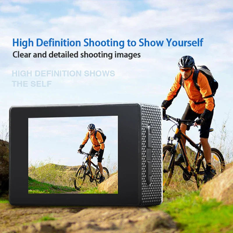 Person riding a bike with a camera displaying the same scene on a screen.