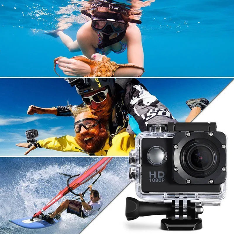 Action camera with underwater and water sports scenes