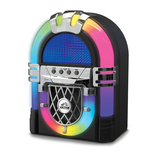 Colorful vintage-style radio with rainbow gradient on a white background