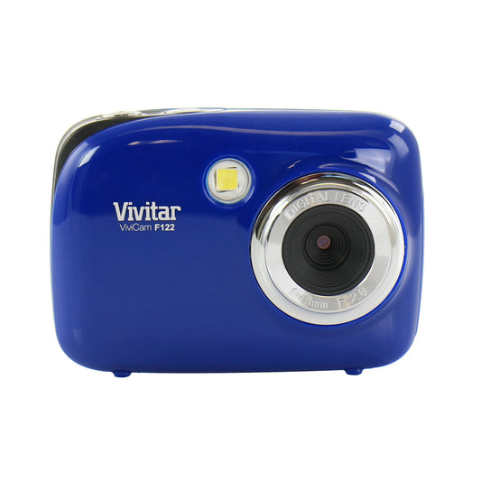Blue Vivitar camera on a white background