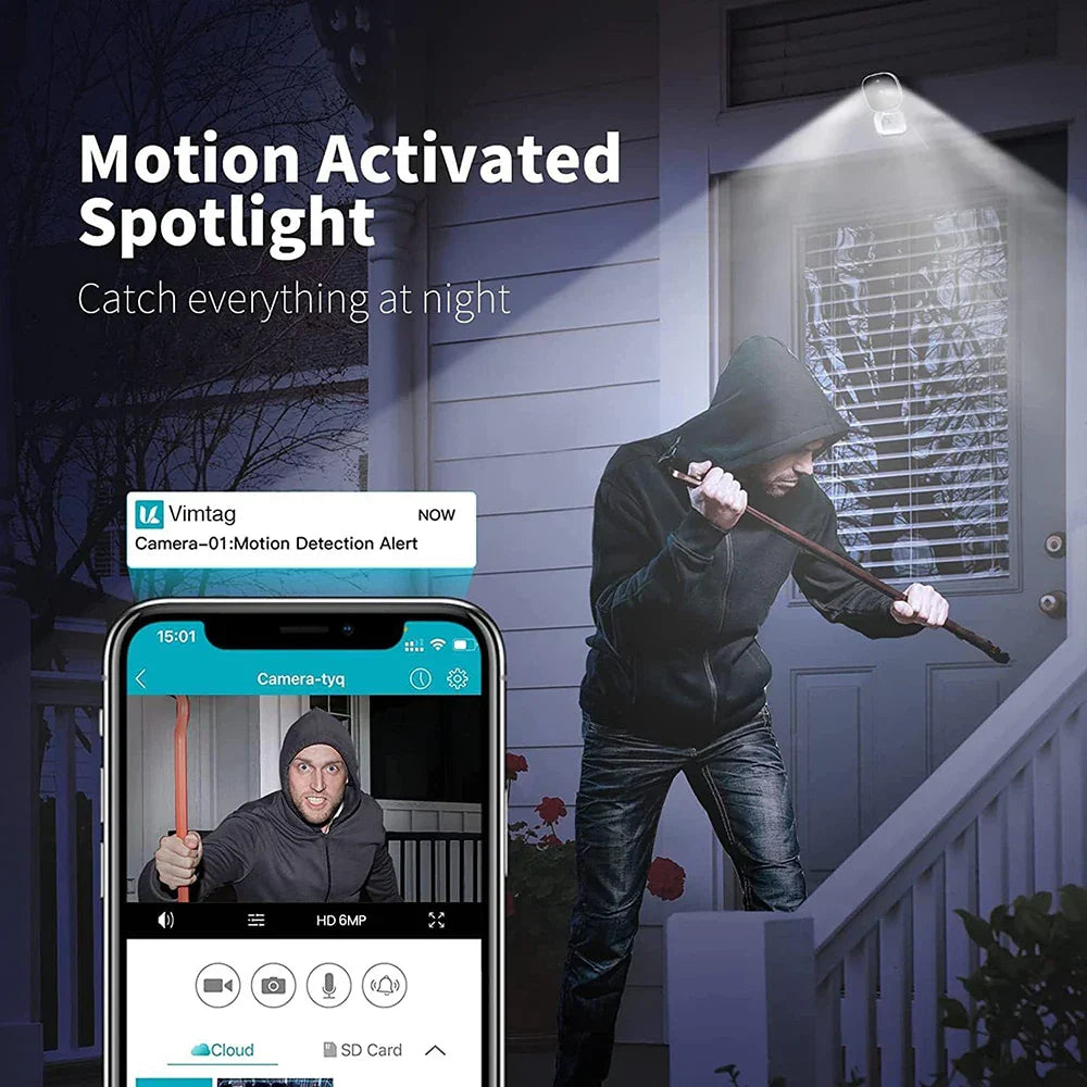 Motion activated spotlight with smartphone app showing a burglar and alert notification.