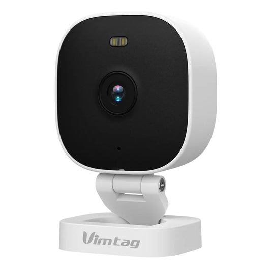 Smart camera with black front and white base on a white background, featuring the Vimtag brand.
