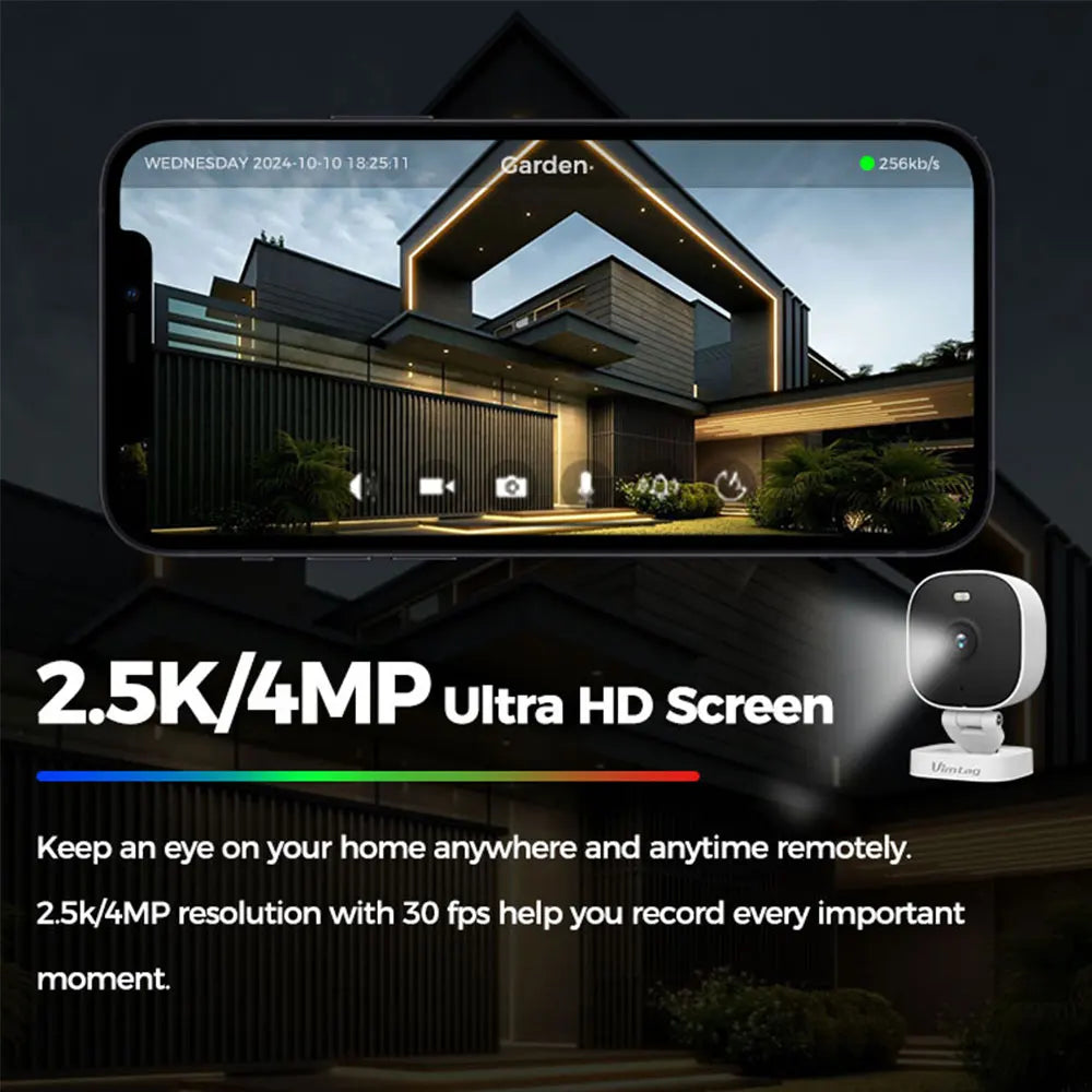 Smart home security camera with 2.5K/4MP ultra HD screen displaying a house exterior, with text highlighting features.