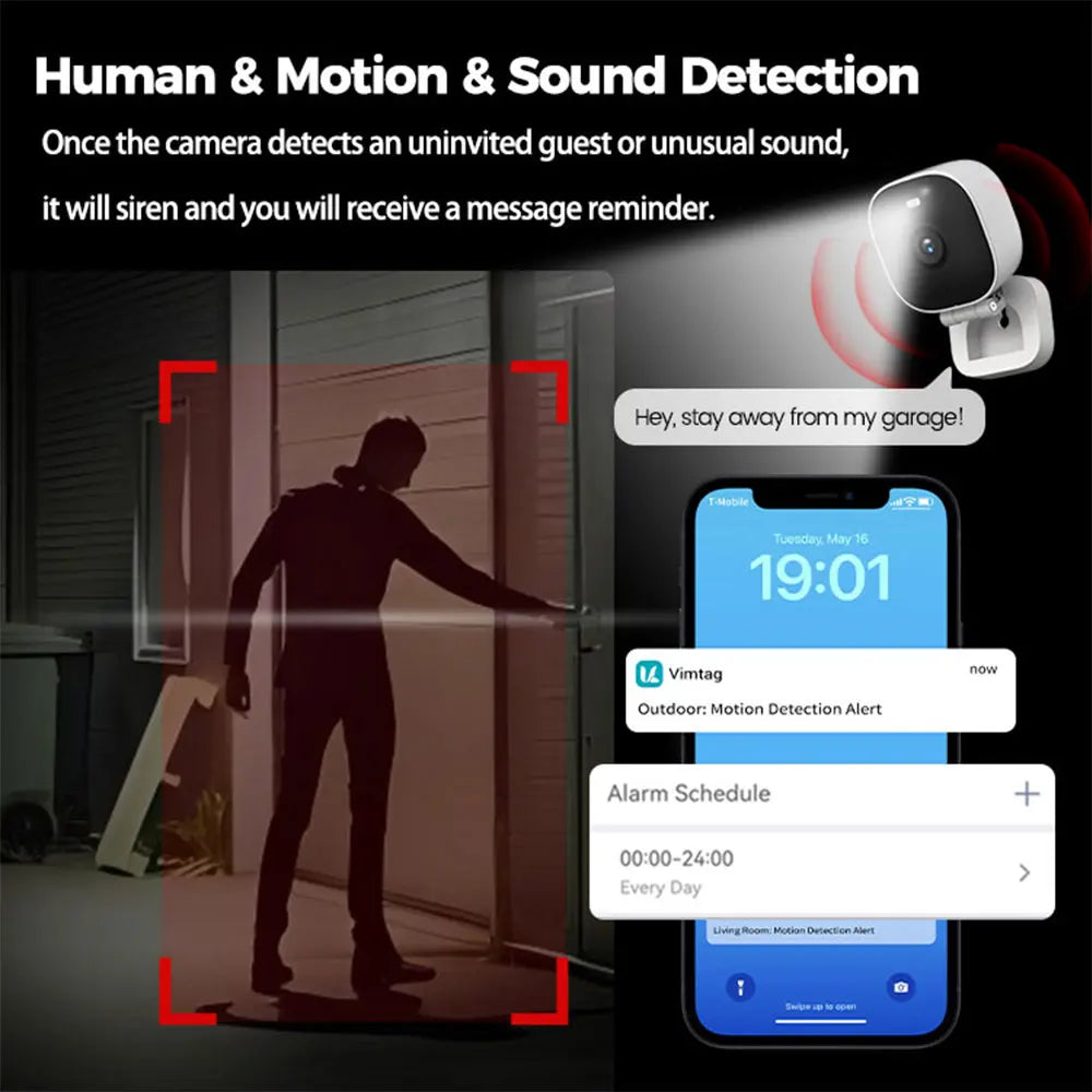Camera system with human, motion, and sound detection features shown on a screen.