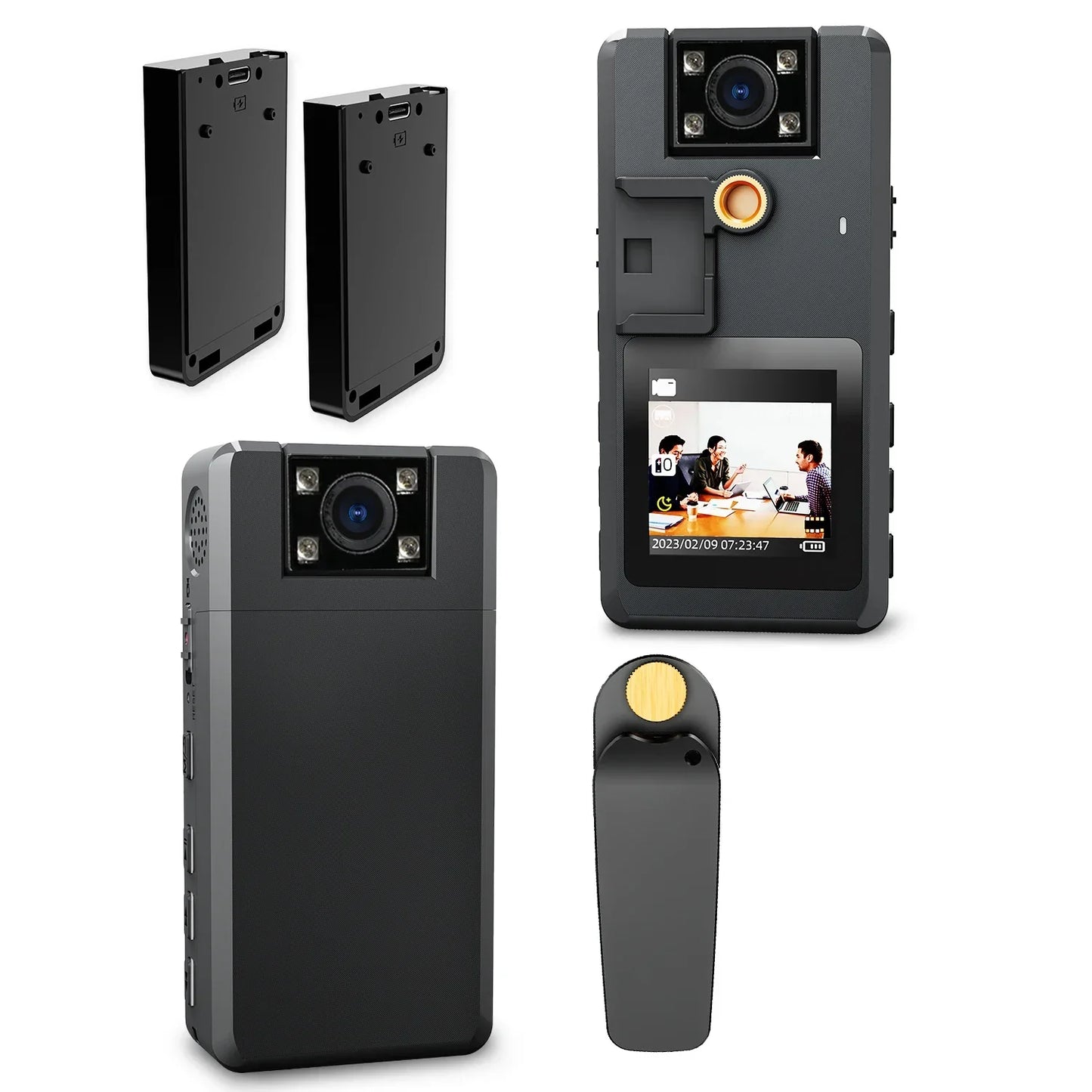 Body camera with various components on a white background