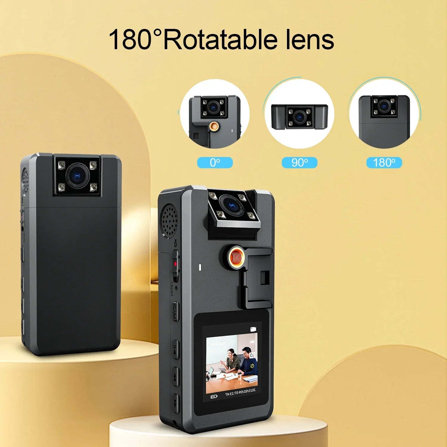 Black body camera with 180-degree rotatable lens on a beige background
