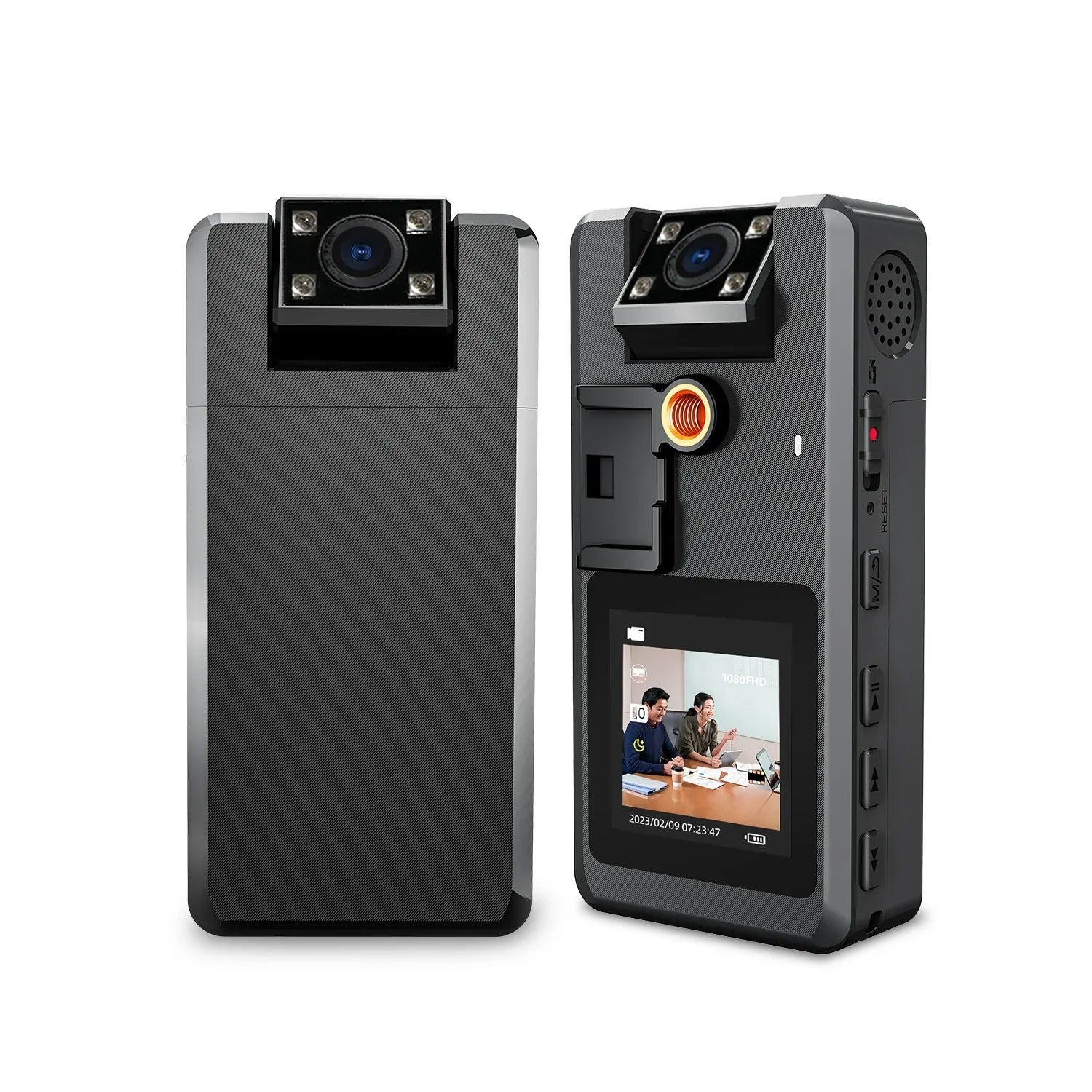Body camera with screen displaying a video feed on a white background