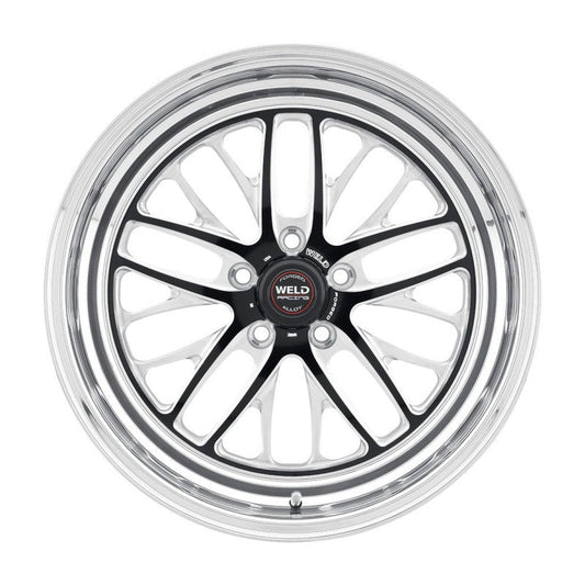 A multi-spoke alloy wheel rim with a polished chrome finish and black accents, featuring a central hub cap with the WELD brand logo.
