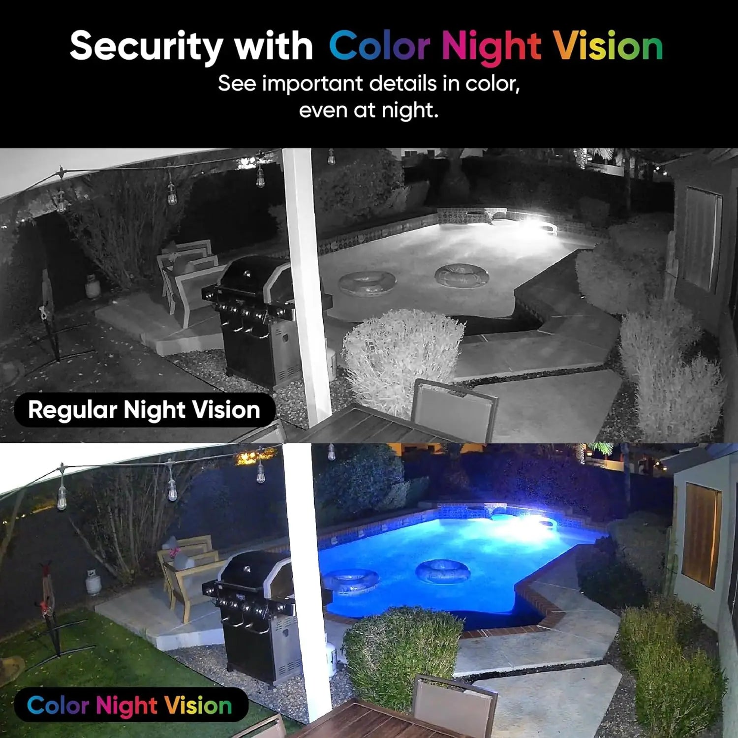 Comparison of regular night vision and color night vision in a backyard setting with a pool.