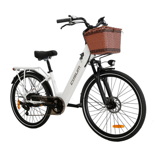 White bicycle with a brown basket on a white background
