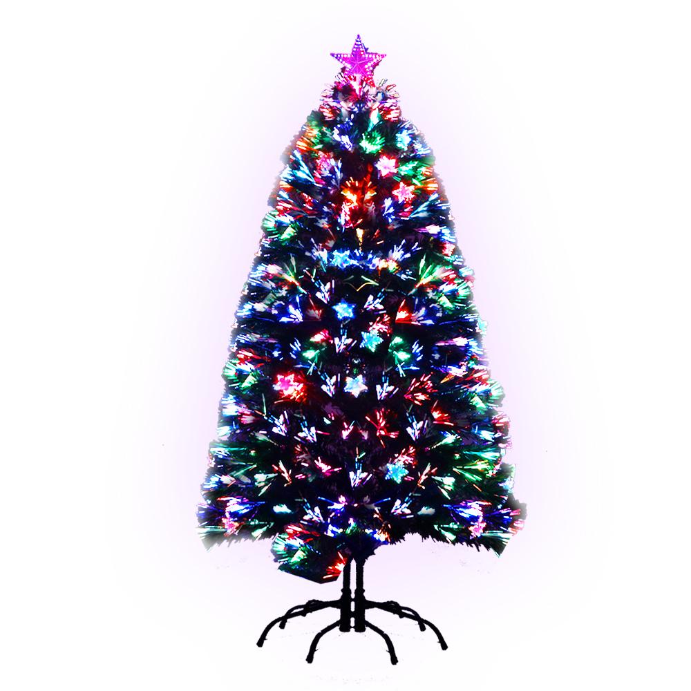 A fiber optic Christmas tree with multicolor lights and a pink star topper, displayed on a black stand against a white background.