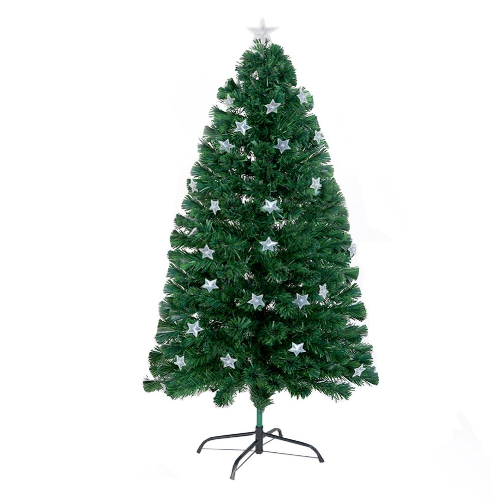 A green artificial Christmas tree with silver star ornaments and a silver star topper, standing on a black metal stand against a plain white background.