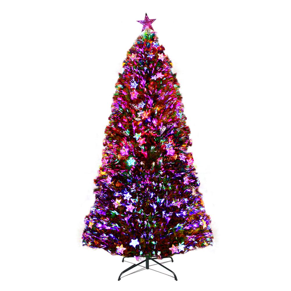 A decorated artificial Christmas tree on a black metal stand, covered in colorful tinsel and star ornaments, with multicolored string lights, isolated on a white background.