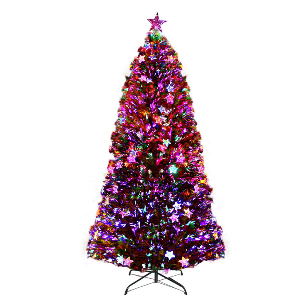 A tinsel Christmas tree with a metallic multicolor sheen, decorated with star-shaped ornaments and glowing multicolor lights, standing on a black metal stand against a plain white background.