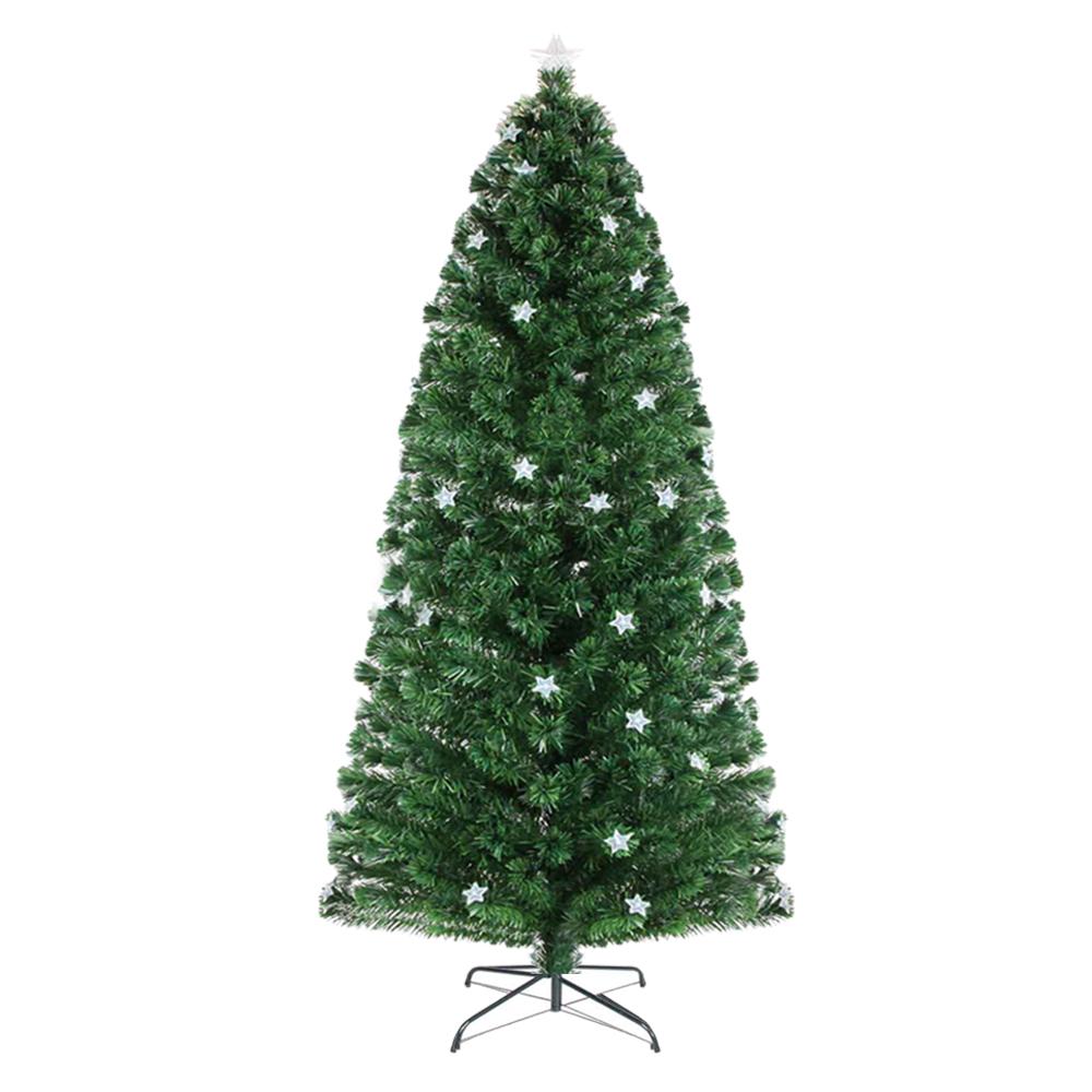 A green artificial Christmas tree with white star ornaments, displayed on a black metal stand against a plain white background.