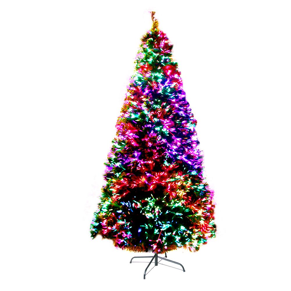 A tall, conical artificial Christmas tree covered in bright multicolored lights, standing on a black metal stand against a plain white background.