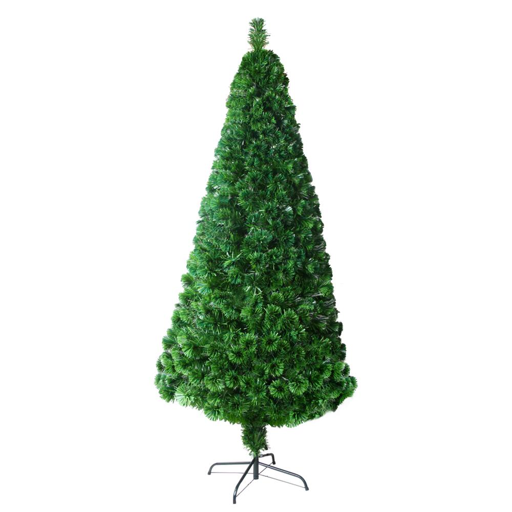 A tall, conical artificial Christmas tree in bright green with a black metal stand, isolated on a white background.