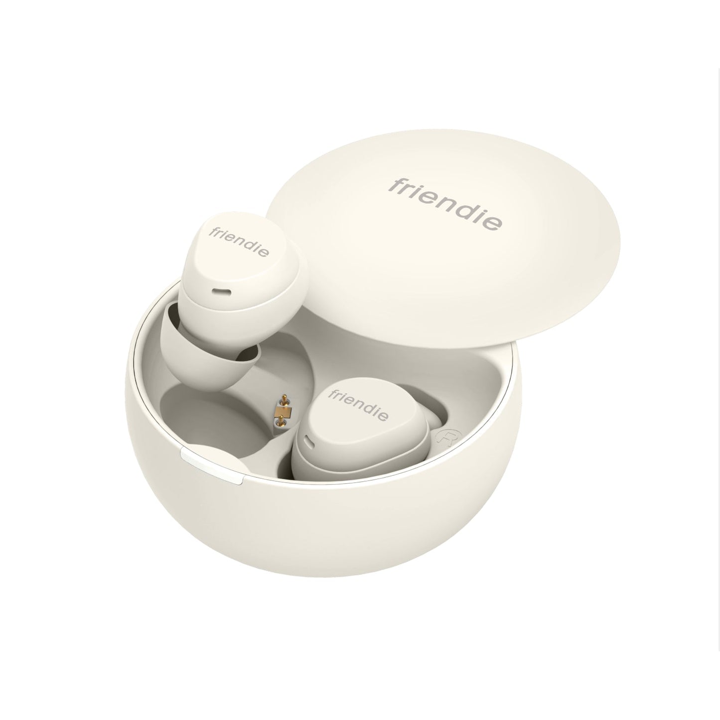 White wireless earbuds in an open charging case on a white background