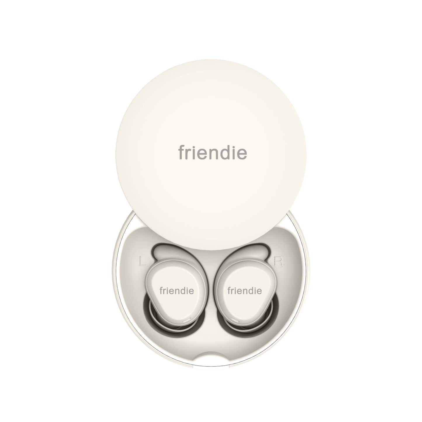 White wireless earbuds in a transparent case on a white background with 'friendie' branding.