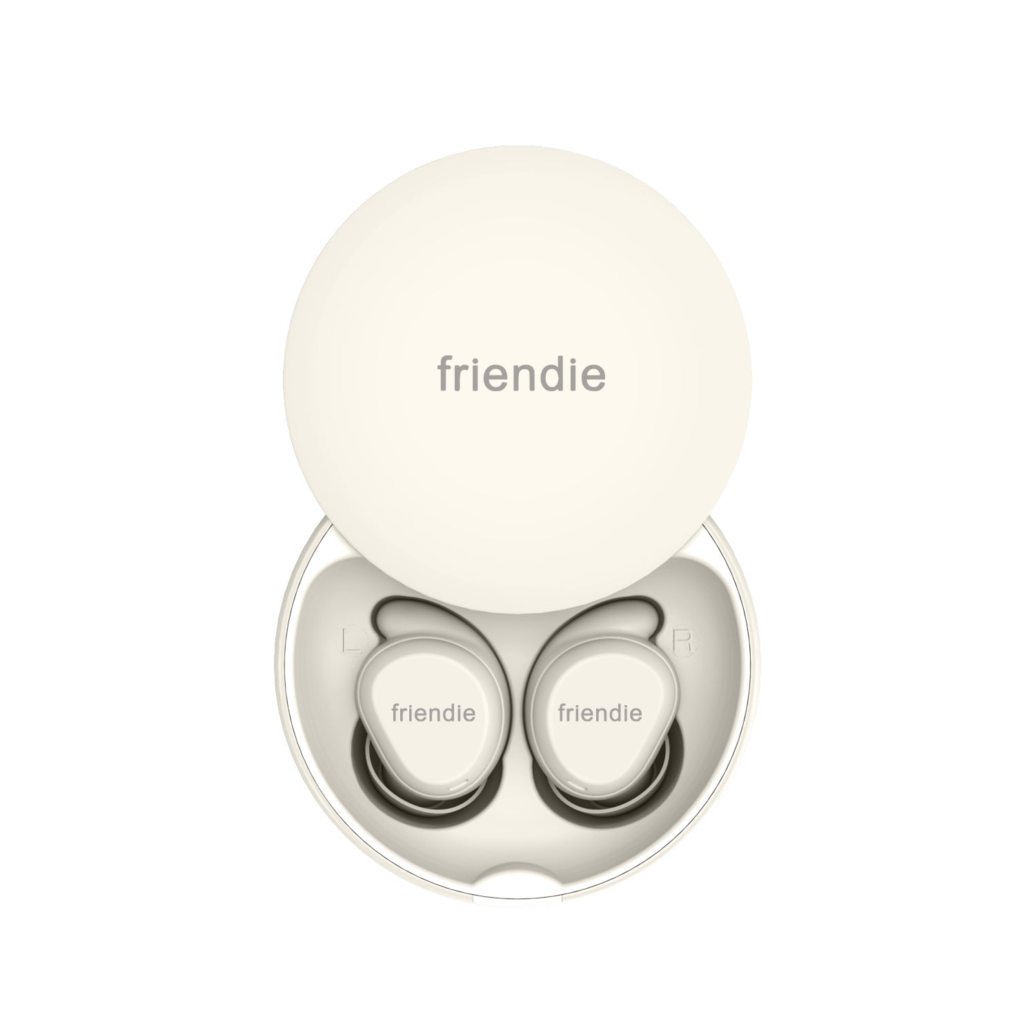 White wireless earbuds in a transparent case on a white background with 'friendie' branding.